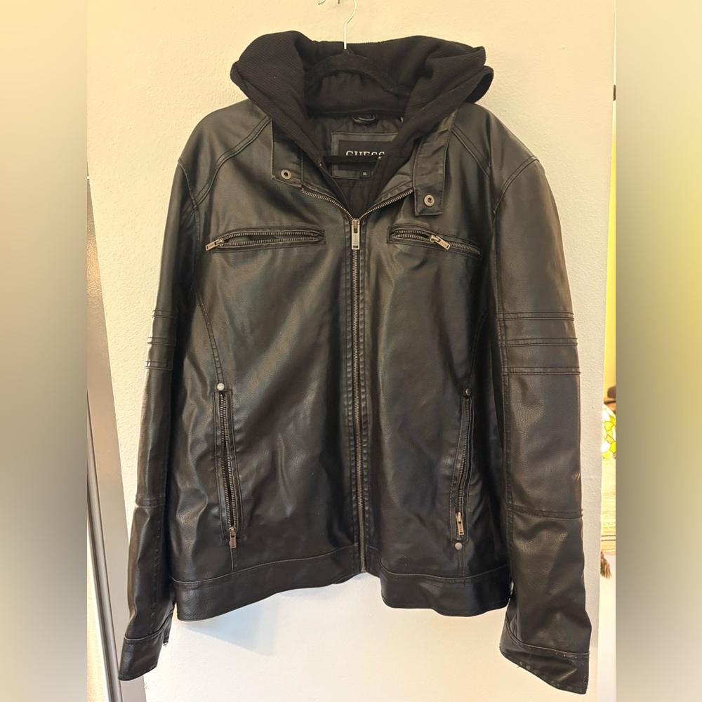 Guess Men's Black Leather Jacket w/ Hoodie